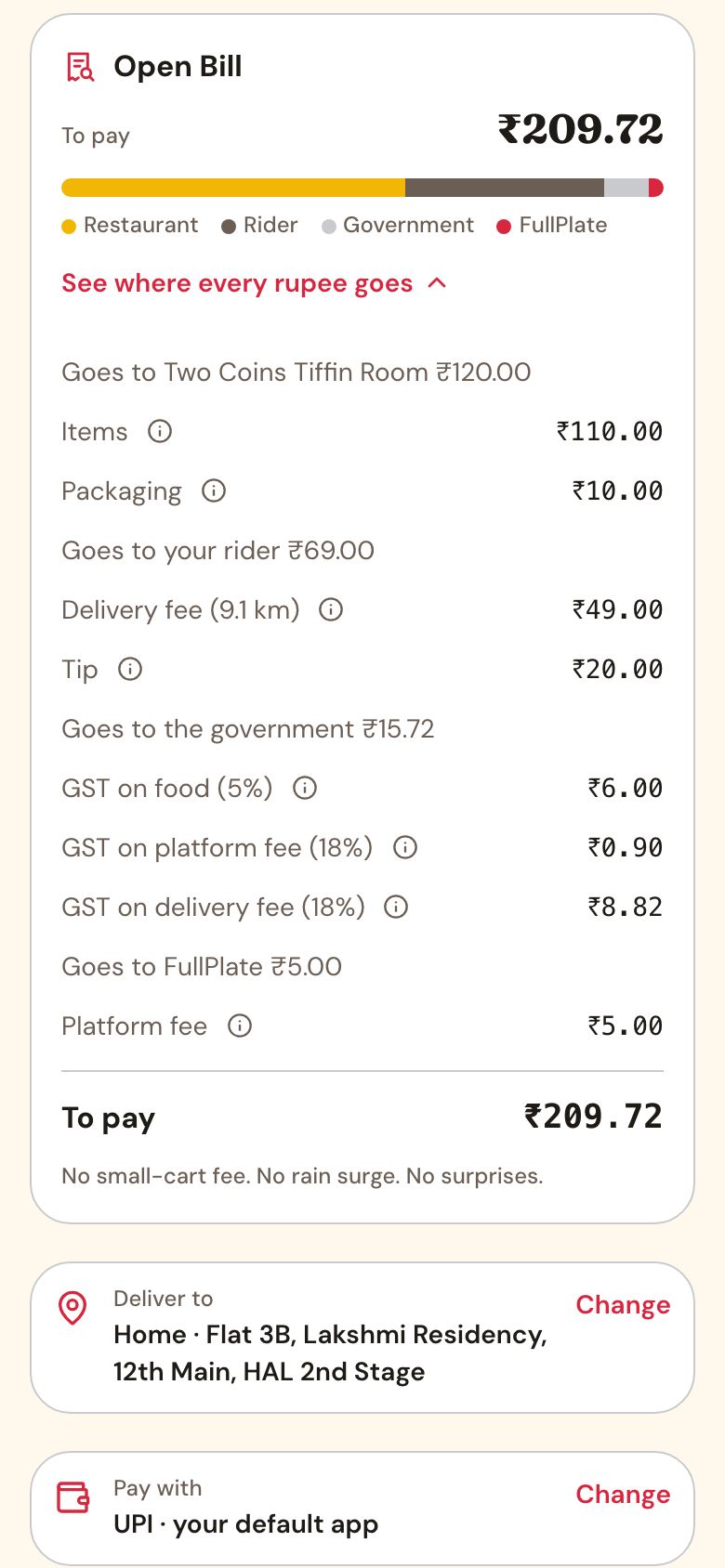 FullPlate app, Open Bill: Restaurant, rider, government, FullPlate: one bar, every line.