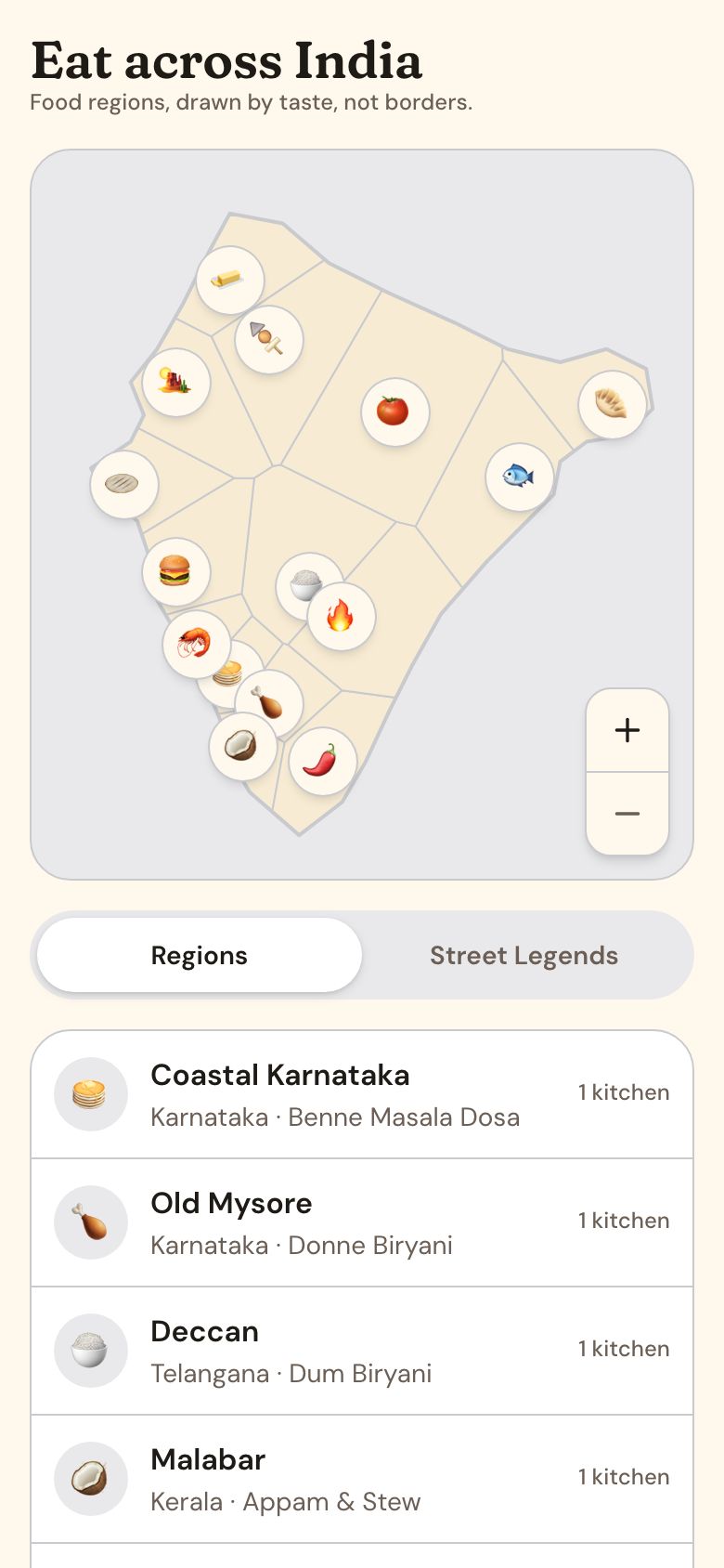 FullPlate app, Cuisine Map: Food regions, drawn by taste, not borders.