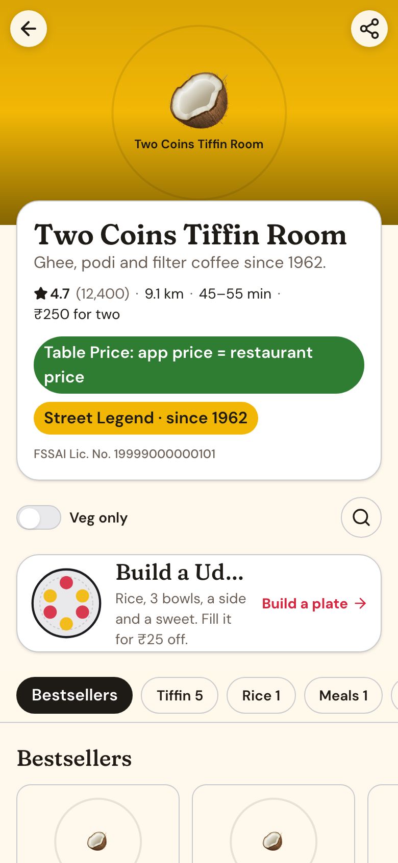 FullPlate app, Kitchen page: A Street Legend since 1962, with the dine-in price on every dish.