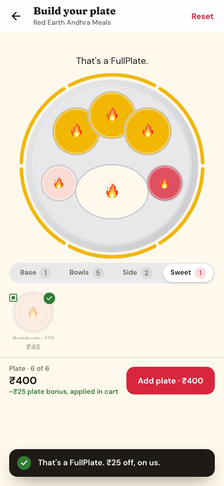 FullPlate app, Plate Builder: Fill six katoris for an Andhra thali and ₹25 comes off.