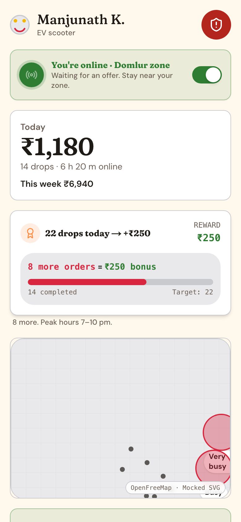 FullPlate Rider app for Manjunath K.: online in the Domlur zone, ₹1,180 earned today across 14 drops, and a 22-drop reward bar.