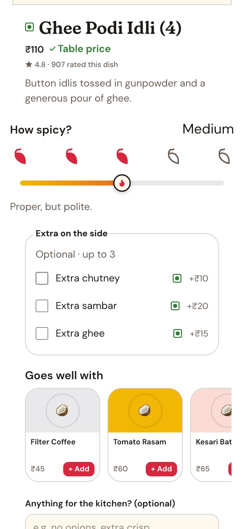 FullPlate app, Spice slider: Five chillies, from mild to born hot, plus extras on the side.